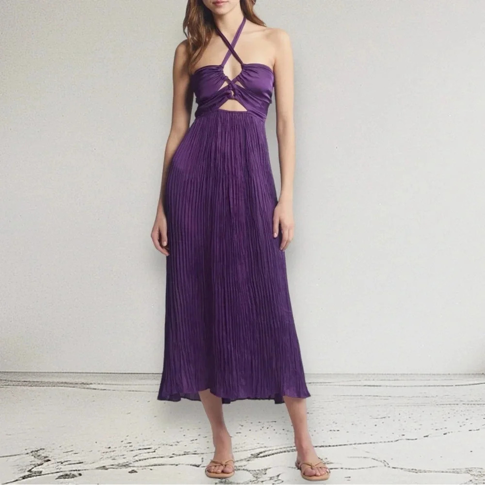 NEW SESSUN Trancoso Cutout Detail Halter Strap Midi Dress Picasso Lily Size S